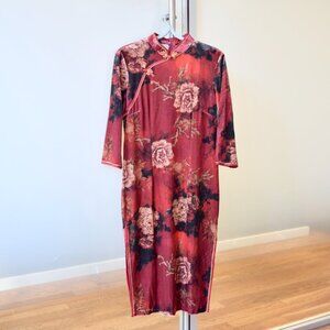 Red Velour Flora Peony Qipao Midi Dress - Chinese Cheongsam